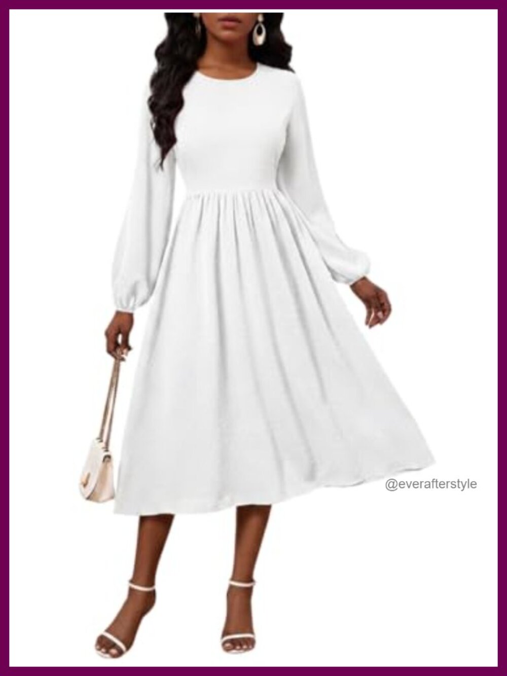A-Line Midi Dress Long Sleeve Swiss Dot Loose Fit with Pockets